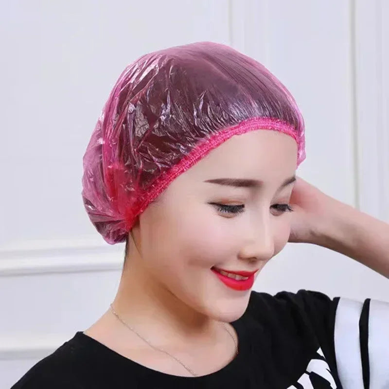 100pcs Disposable Plastic Shower Hair Cap Colorful Disposable Food Cover Fresh-keeping Bag Hotel Hair Dye Elastic Shower Cap