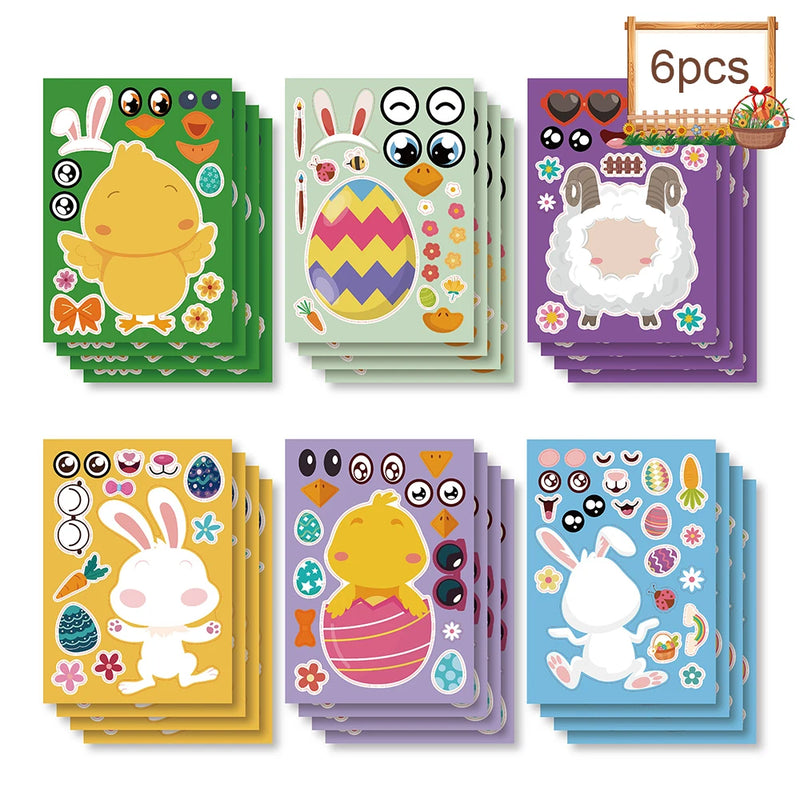 6/12Sheets Children DIY Easter Puzzle Stickers Make-a-Face Cute Animals   Cartoon Decals Jigsaw Toys For Kids Educational Gift