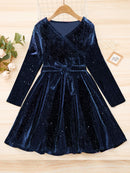 Autumn And Winter Girls Retro V-Neck Long-Sleeved Solid Color Sequined Birthday Party Dress With Belt