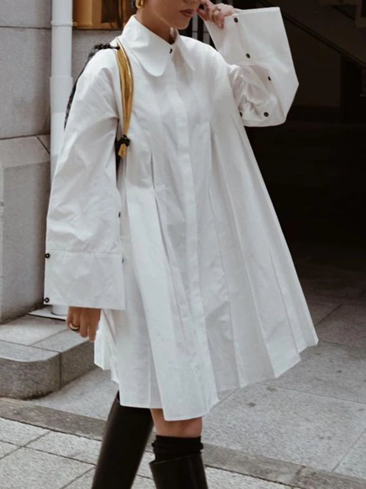 DEAT Fashion Women Shirt Dress Lapel Loose Single Breasted 65% Cotton Long Slevee Overknee Pleated Dresses Spring 2025 7AB2799