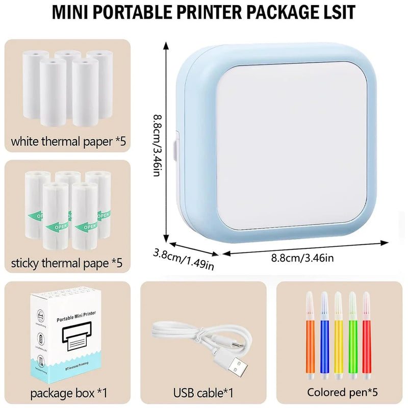 Mini Printer, Portable Thermal Photo Printer, Inkless Sticker Maker Machine for Notes, Photos, Stickers, Labels