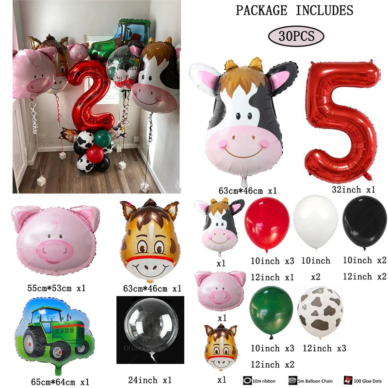 30pcs Farm Theme Green Tractor Cow Pig Inflatable Balloons 32inch Red 1-9 Number Balloon Happy Birthday Party Decor Baby Shower