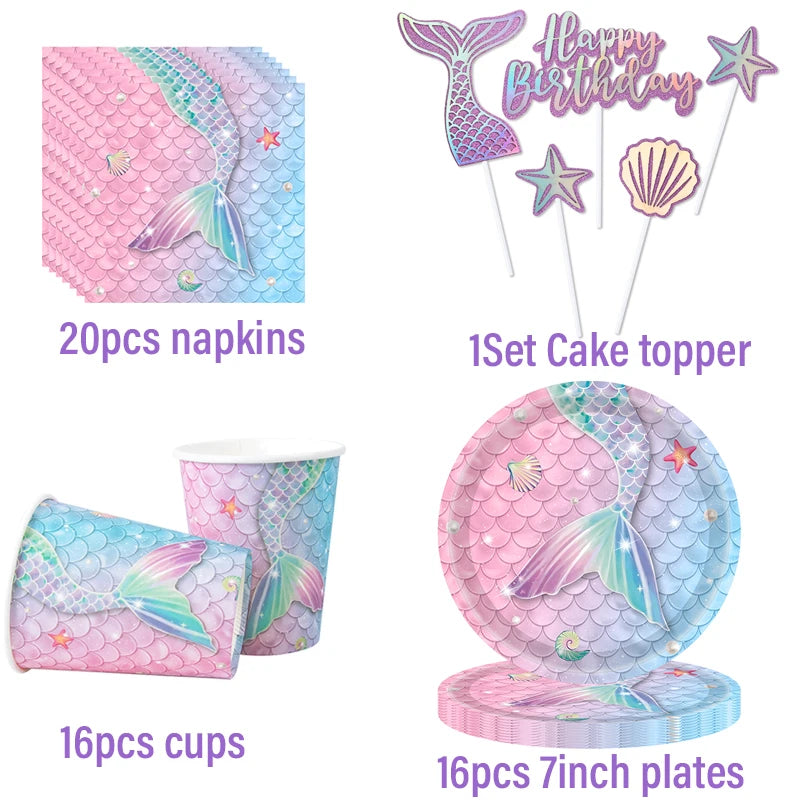 Mermaid Party Disposable Tableware Little Mermaid Tail Paper Plates Napkin Tablecloth Girls Birthday Party Under Sea Theme Decor