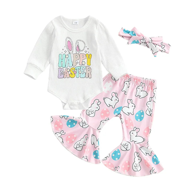 Adorable Baby Girl Easter Outfits with Cute Bunny Print Long Sleeve Romper Flare Pants and Matching Headband - 3 Piece Set