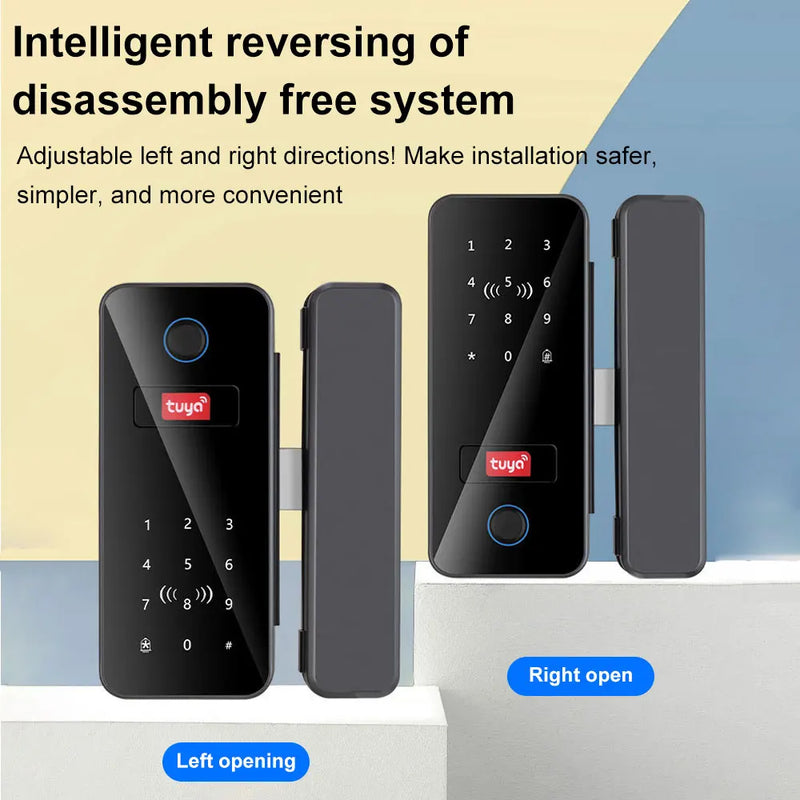 Tuya APP Glass Door Fingerprint Lock Bluetooth Smart Biometric Electronic Door Lock 13.56Mhz RFID Remote Control Keyless Unlock