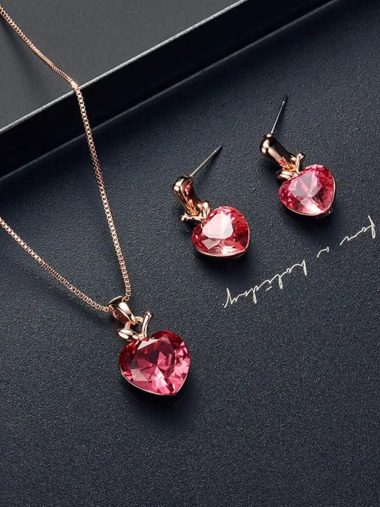 Simple Love Crystal Earrings Necklace Jewelry Set Creative Apple Imitation Crystal Pendant Earrings Accessories Gift Christmas