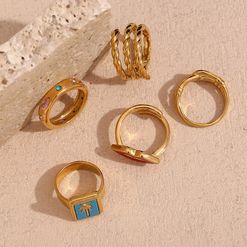 E.B.belle Sexy Lip Enamel Three Layer Twists Rectangular Water Droplet Geometric Hollowed out Winding 18K Gold Plated Ring