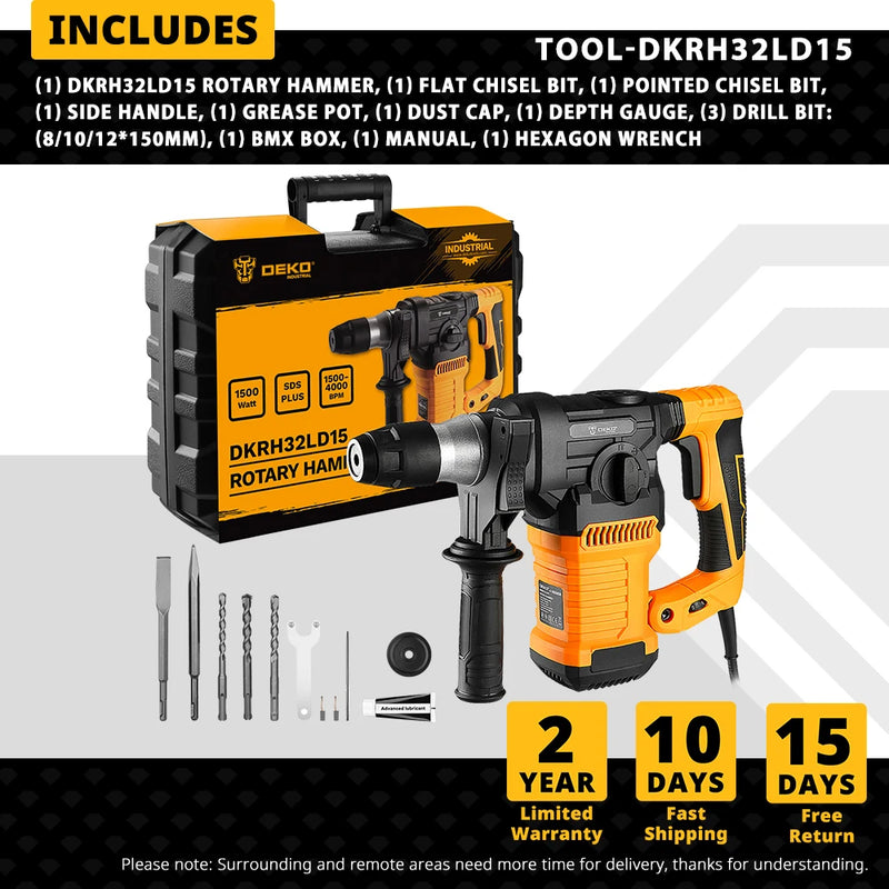 DEKO DKRH32LD1 2000W 220V Multifunctional Rotary Hammer with BMC and 6pcs Accessories Electric Demolition Hammer Impact Drill