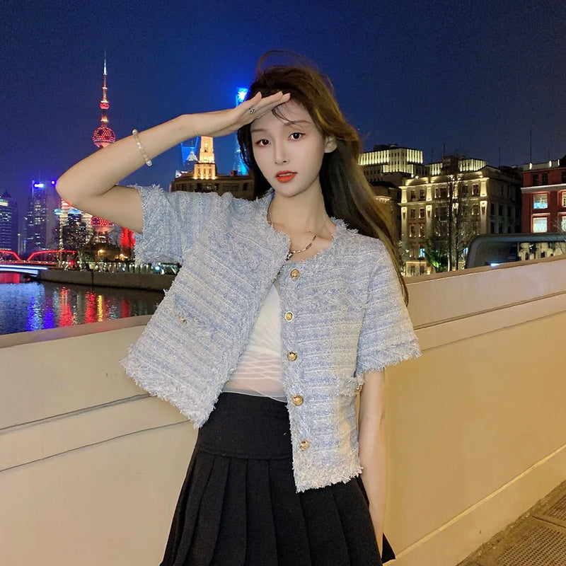 Summer Elegant Crew Short Sleeve Tweed Blouses Women Plaid Office Lady Fashion Korean Slim Crop Tops Casual Female Simple Shirt