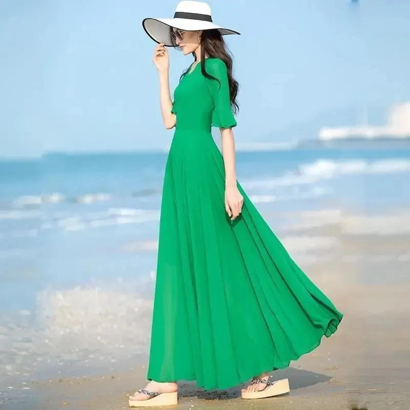 Summer Bohemian Women Long Dress Solid Color Short Sleeve V Neck 5XL Chiffon Sundress Maxi Evening Ladies Party Dress Vestidos