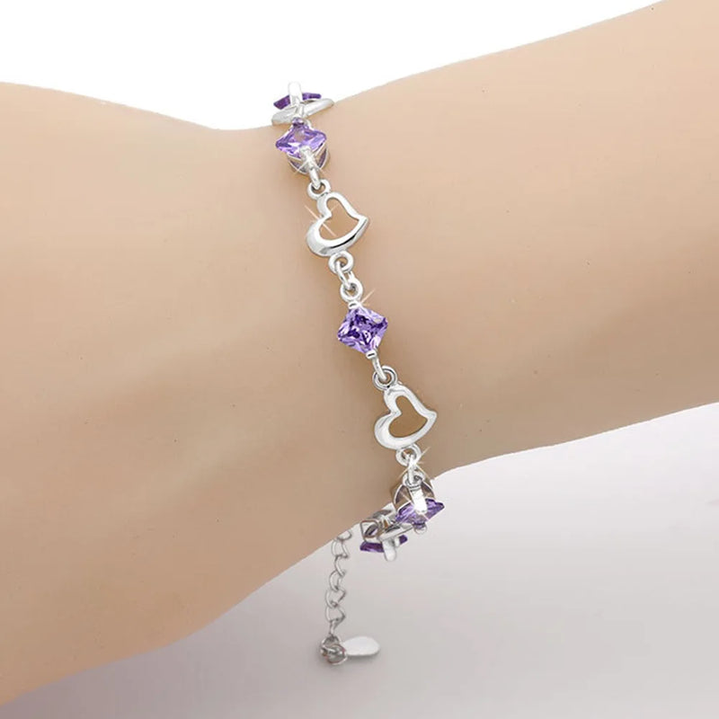 925 Sterling Silver Purple Crystal Heart Bracelet For Women Luxury Designer Jewelry Free Shipping Items Christmas GaaBou