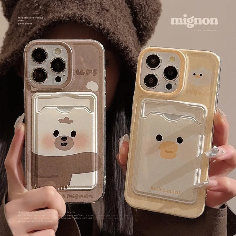 Card bag cover for iphone 15 pro max 14 7 8 plus 11 12 13 promax x xr xsmax ins 2024 cute duck bear phone case conque