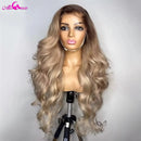 Ombre Blonde 13X6 Transparent Lace Front Human Hair Wig Brown Root Body Wave Ash Blonde 180 Density Pre Plucked Human Hair