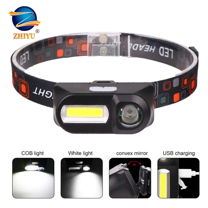 ZHIYU Portable Mini XPE+COB LED Headlamp USB Rechargeable Camping Head Lamp Fishing Headlight Running Flashlight Headlight Torch