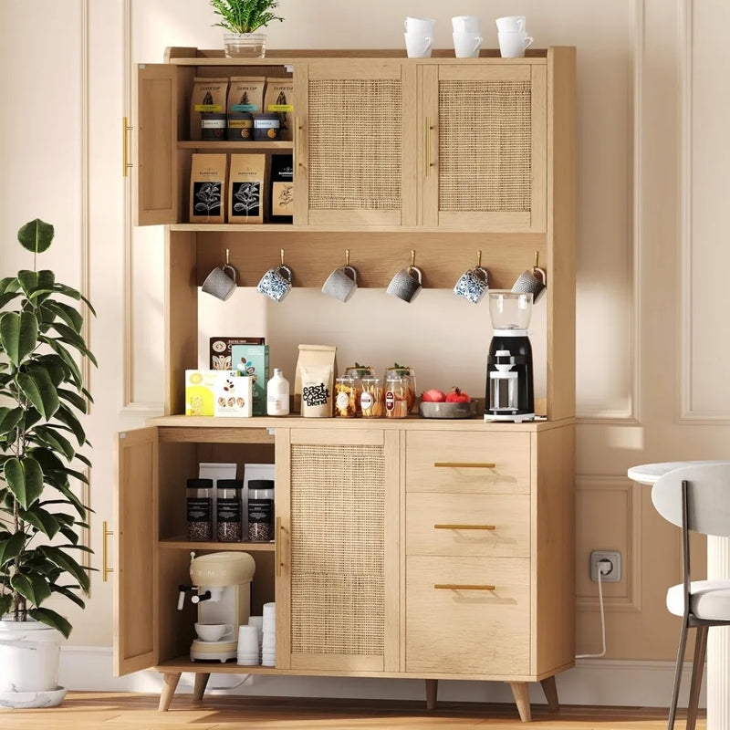 Kitchen Pantry Cabinet with Microwave Shelf, Rattan Kitchen Hutch Cabinet with Charging Station