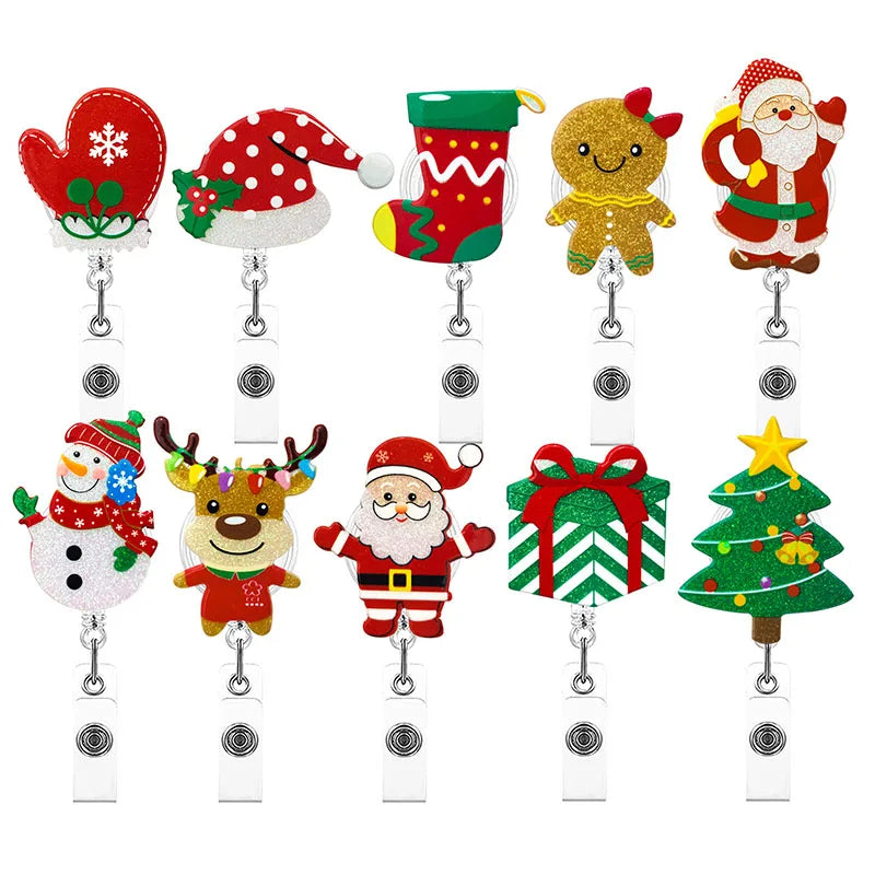 New Designs Glitter Acrylic Christmas Theme Badge Reel Retractable ID Badge Holder With 360 Rotating Alligator Clip Name Holder