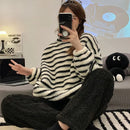 Women's Fluffy Coral Velvet Pajama Sets Winter Cute Students Baggy Cozy Striped Loungewear Simple Warm College Pyjamas Thicken
