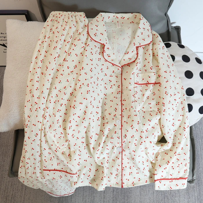 Flower Print Women Autumn Two Piece Pajama Set Long Sleeve V Neck Top & Elastic Waist Pants 2 Pieces Female Sleepwear Nightwear