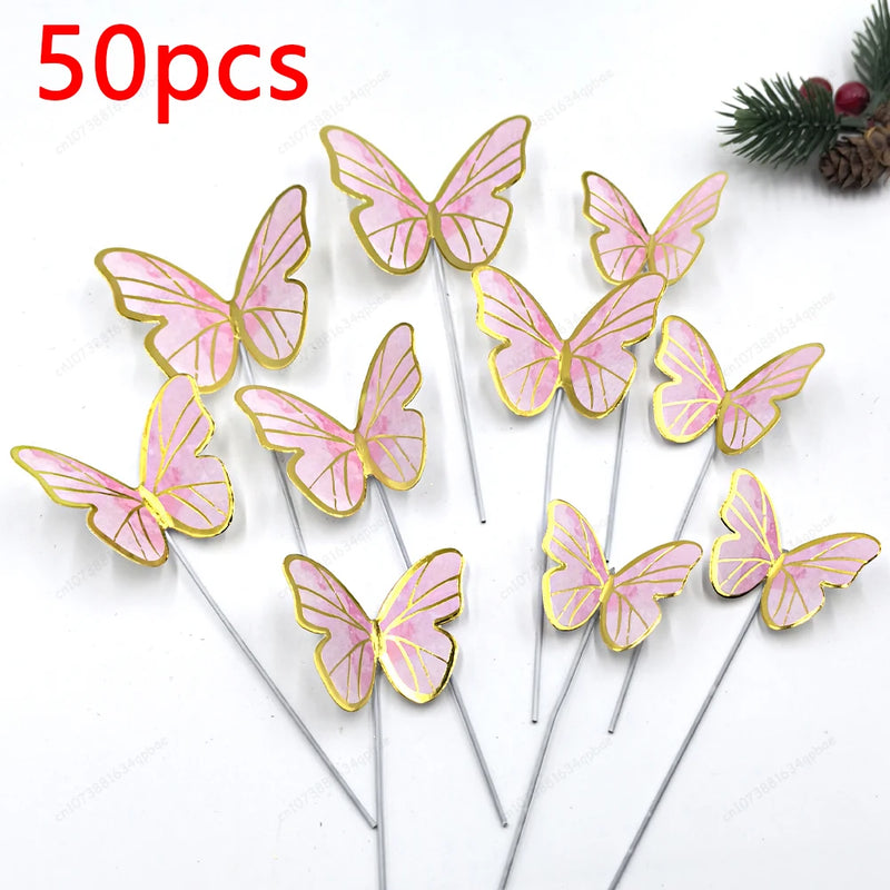 50pcs Butterfly Cake Decoration Gold Pink Butterfly Cake Toppers Birthday Wedding Anniversary Shower Baking Toppers