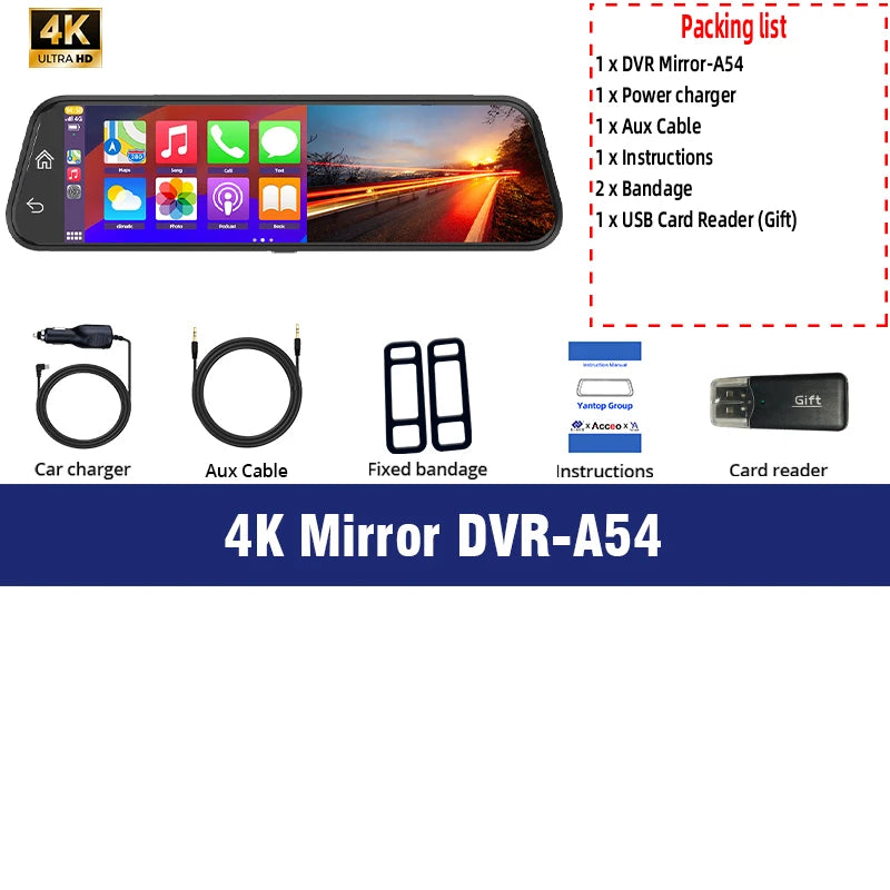 Dash Cam 4K Car Dvr Mirror Wireless Carplay & Android Auto Video Recorder 1080P Rear View Camera GPS Navigation WIFI Black Box