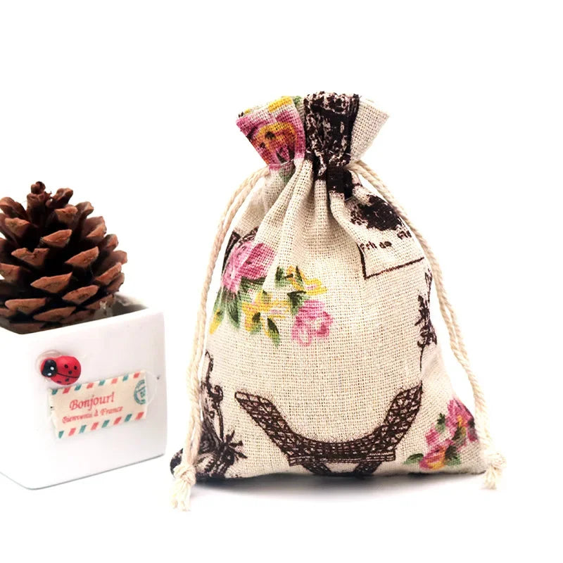 50Pcs/lot  (10x14cm) Linen Printed Cotton Gift Bags Packing Jewelry Drawstring Pouch Cosmetic Wedding Candy Wrappling Reusable