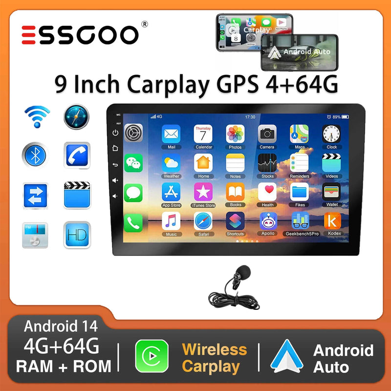 ESSGOO 9Inch 2 DIN Car Stereo Radio Wirless Carplay Android Auto Car Stereo Bluetooth 64G GPS Navigation RDS WiFi USB FM DAB+CAM