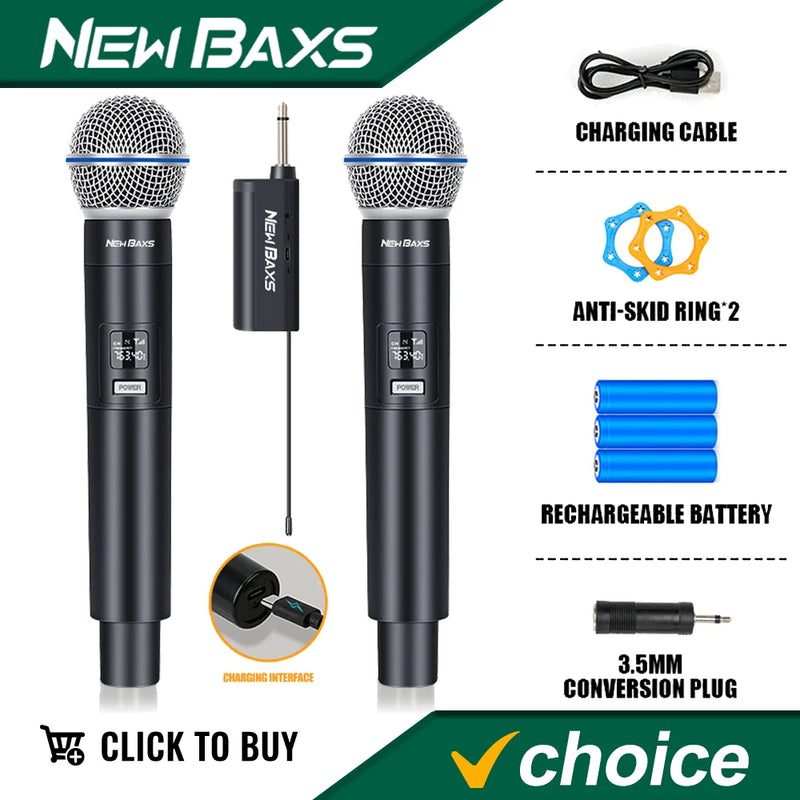 Wireless Dual Handheld Dynamic Microphone Karaoke Microphone with Rechargeable Receiver for Wedding Party Speech Church Club