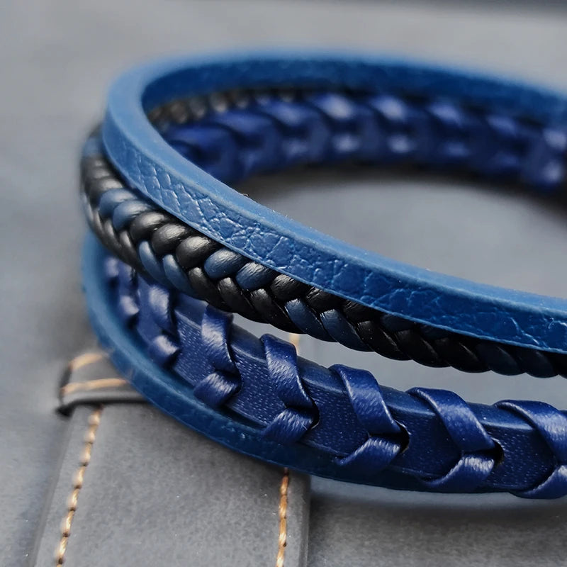 Braided Rope Woven 4 Layers Blue Leather Men Bracelets Punk Style Stainless Steel Bangle for Friend Charm Fashion Jewelry Gifts