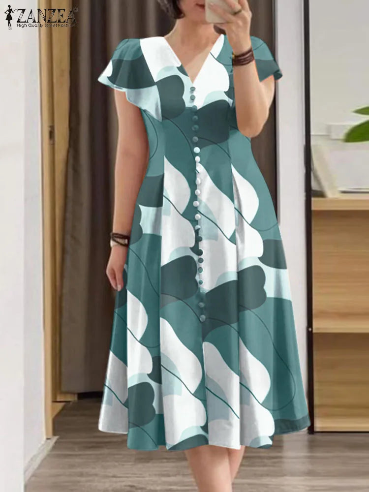 Summer Fashion Printed Dress ZANZEA Women V Neck Short Sleeve Sundress Robe Femme Bohemian Floral Holiday Midi Vestidos Oversize