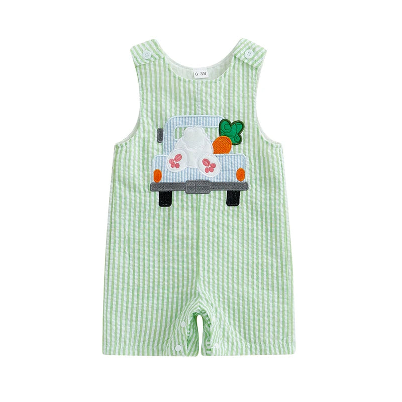 Easter Bunny Romper with Carrot Embroidery and Striped Truck Design Sleeveless Crew Neck Jumpsuit for Infant Spring Outfit