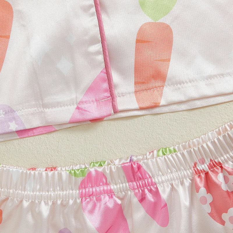 3-7Years Kids Girls Pajamas Set Eggs Flowers Carrots Print Short Sleeve Turn-down Collar Tops with Shorts Easter Sleepwear