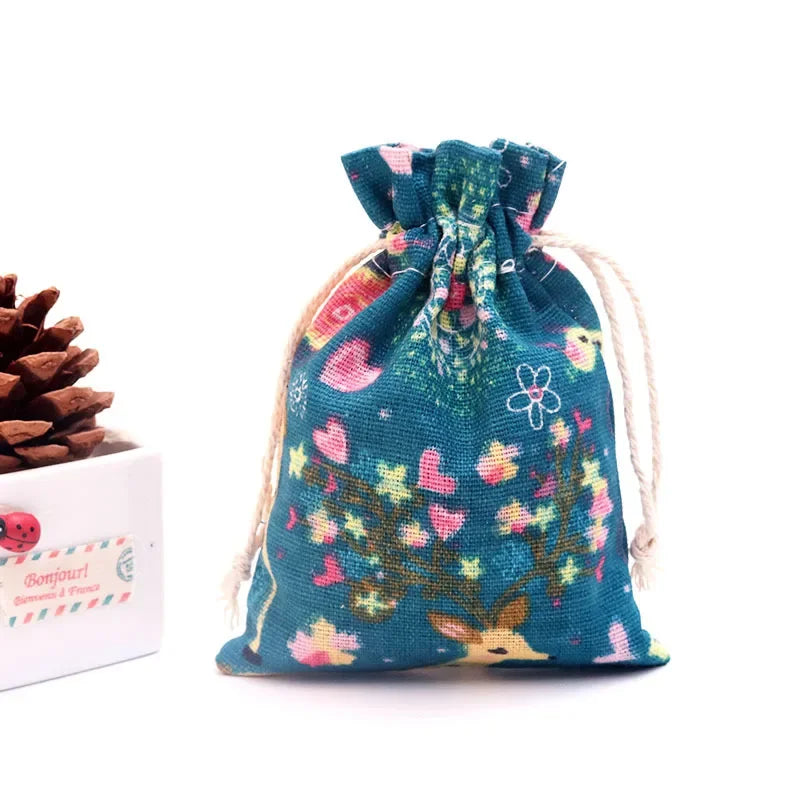 50Pcs/lot  (10x14cm) Linen Printed Cotton Gift Bags Packing Jewelry Drawstring Pouch Cosmetic Wedding Candy Wrappling Reusable