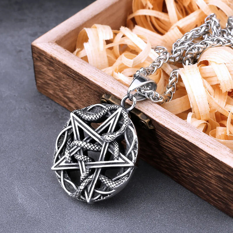 Vintage Pentagram Snake King Necklace Men Women Stainless Steel Fashion Punk Pendant Necklace Charm Chain Jewelry Christmas Gift