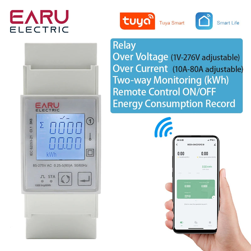 Tuya Wifi Zigbee 110V 220V 80A Smart Single Phase Two-way Bidirectional Energy Meter Timer Power Consumption Monitor KWh Meter