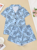 Casual pink leopard print pajama set for women lapel short-sleeved top and baggy shorts loungewear for women