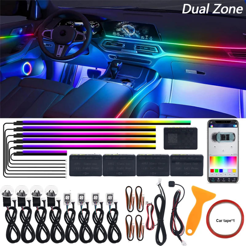 Dual Zone 18 In 1 Full Color Streamer Car Ambient Light RGB 64 Color LED Interior Acrylic Fiber Strip Decoration Atmosphere Lamp