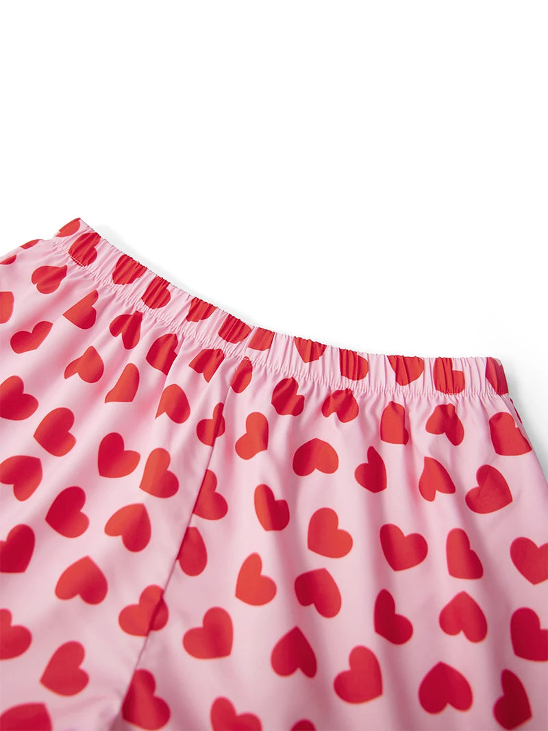 Women s Valentine s Day Pajama Set with Heart Print Short Sleeve Top and Drawstring Shorts Cute Sleepwear Loungewear Set for