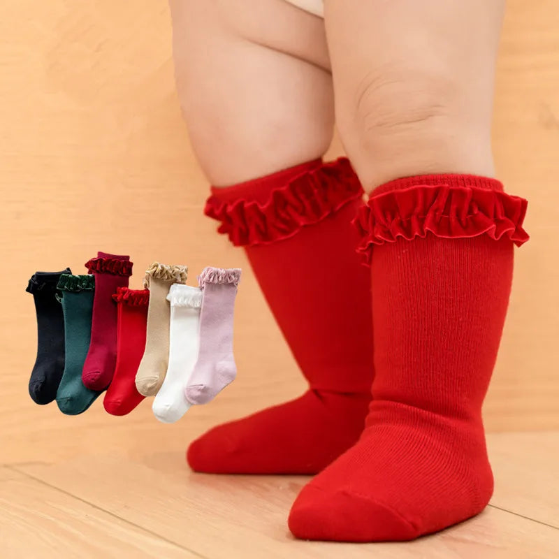 Baby Ruffle Socks Kids Infant Girls Knee High Sock Toddler Girl Solid Cotton Lace Flower Long Christmas Sock For 0-3 Years Gift