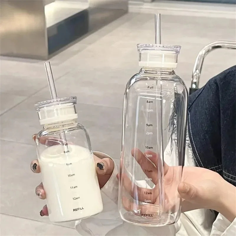 750/350ml Glass Transparent Water Bottles with Lid Straw Time Scale Milk Juice Drink Bottle Travel Coffee Mug Milk Tea Cup