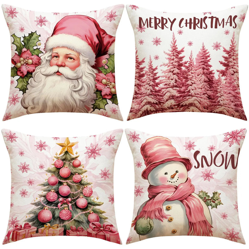 45cm Pink Christmas Peach Skin Pillow Cover Pink Santa Claus Xmas Snowman Pillow Case Merry Christmas Decor For Home 2024 Noel