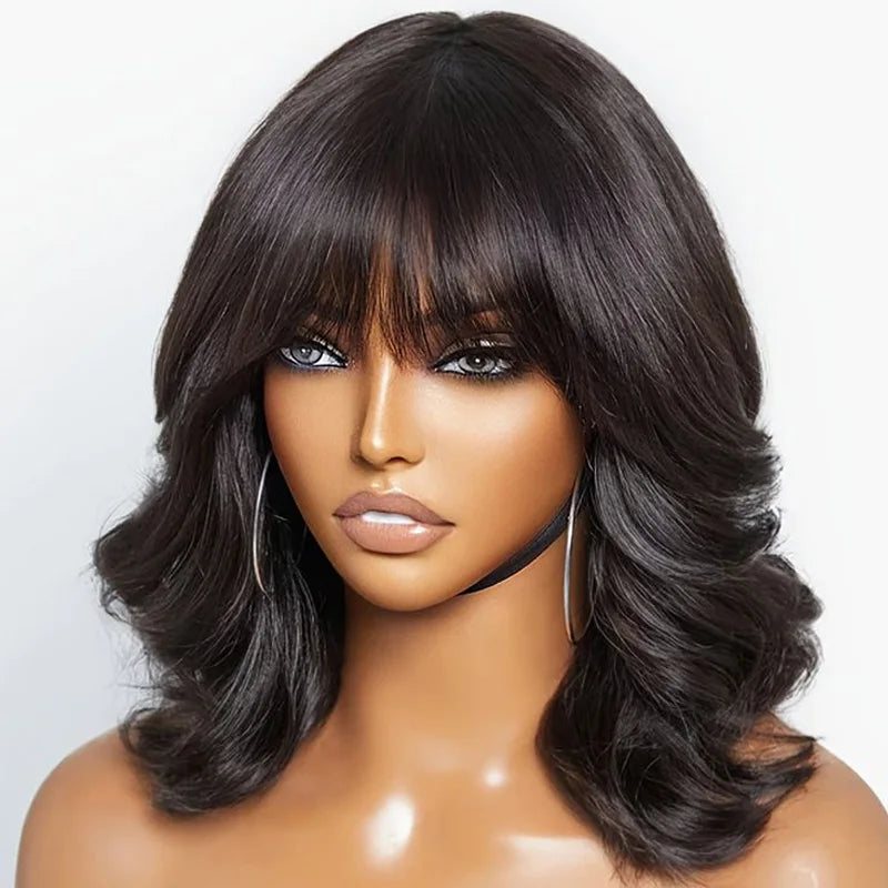 Glueless Body Wave Bob Wig with Bangs Ready-to-Go Fringe Wavy Bob Wig Full Machine Made Brazilian Remy Human Hair Wigs For Women