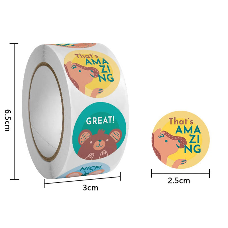 50-500Pcs Round English Cartoon Animal Stickers Teacher Reward Students Stickers Self-adhesive Stationery Stickers