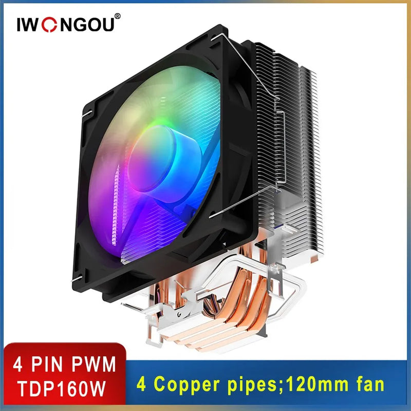 IWONGOU CPU Cooler Am4 4pin RGB 120mm Cooling Cpu Fan 4 Heatpipes Radiator Computer Cooler for Inetl Lga2011/1200/1700/1155/AMD