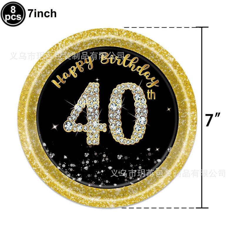 40th Birthday Party Disposable Tableware Plate Cup Napkin Black Gold Party Decorations Birthday Balloon 40 Years Party Supplies