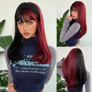 Wine Red and Black Medium Length Synthetic Wigs with Bangs Christmas Halloween Cosplay Hair Heat Resistant Fibre Two Tone Wig