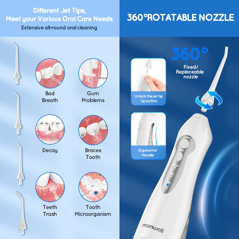 Mornwell D52 USB Rechargeable Water Flosser Oral Irrigator Portable Dental Water Jet 300ML Water Tank Waterproof Teeth Cleaner