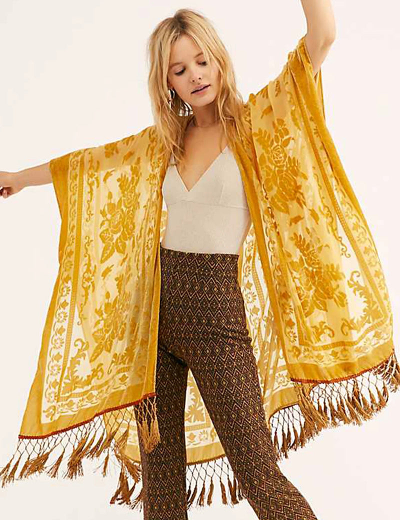 WeHello Burnout Velvet Kimono For Women Luxury Fashion Long Cardigan With Tassel Beach Cover-up Holiday Cardigan Shawl