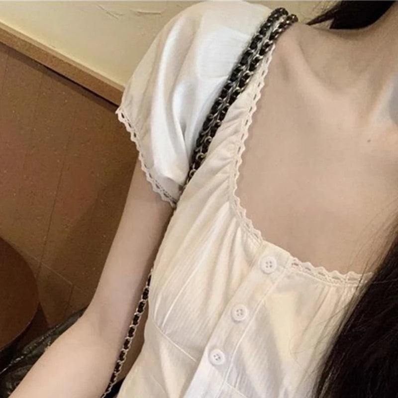 Puff Sleeve Blouses Women Solid Summer Vintage Mujer Temperament Button Sexy Streetwear Clothing Tender Aesthetic New Ulzzang