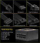 750W Power Supply Fully Modular PSU ARGB Gaming PC Power Supply 20+4Pin Connector with 120mm Low-Noise FDB Fan Full Voltage