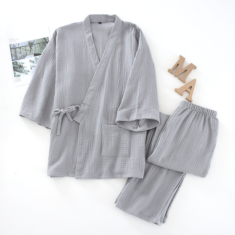 Men and Women 100% Cotton Pajamas Plus Size Loose Bathrobes V-Neck Kimono Pijama Mujer Three Quarter Sleepwear Couple Loungewear